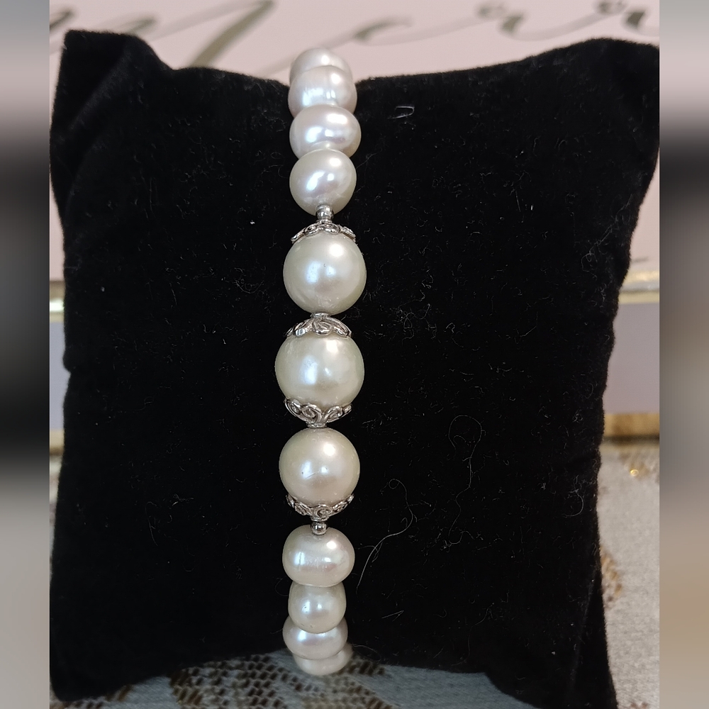 WHITE CULTURED FRESHWATER PEARL STERLING SILVER BRACELET 7.5 - Picture 2 of 6